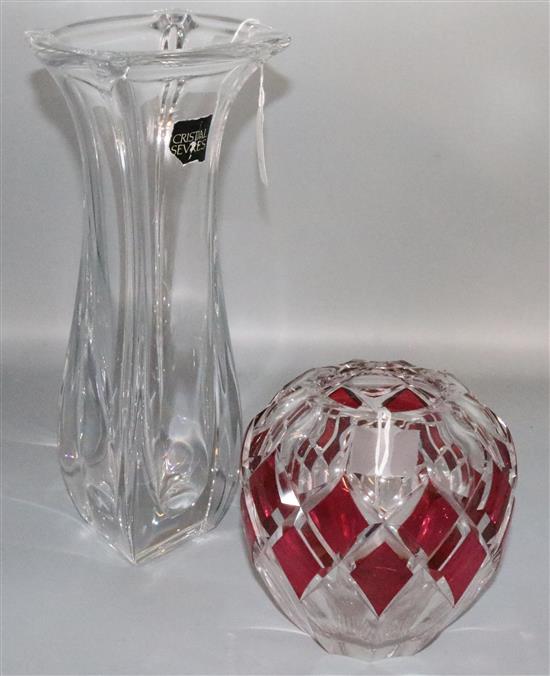 Val St Lambert pink overlay panel-cut ovoid vase and a Cristel Sevres tall waisted clear glass vase, sundries etc